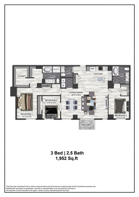 Floor plan for 3 beds, 2 baths, 1952 sqft